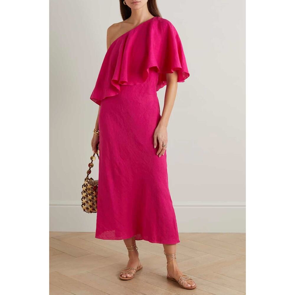 Three Graces London Valentina One Shoulder Linen Maxi Dress pink size UK 8 US 4 - Picture 13 of 15